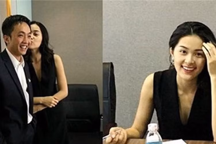 Khoảnh khắc Hạ Vi hôn má Cường Đô la khi đến công ty của vị doanh nhân này làm việc. Ảnh: Báo giao thông