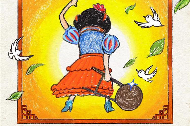 Poster phim “Tân vua hài kịch” minh họa nàng Bạch Tuyết tay cầm theo chiếc ghế, xung quanh là bồ câu trắng, lá cây. Ảnh: Vietnamnet