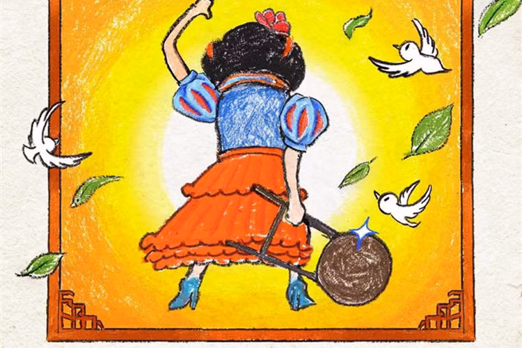 Poster phim “Tân vua hài kịch” minh họa nàng Bạch Tuyết tay cầm theo chiếc ghế, xung quanh là bồ câu trắng, lá cây. Ảnh: Vietnamnet