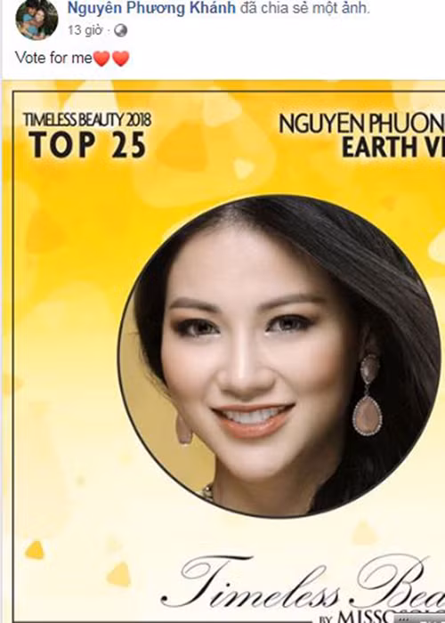 Mới đây, Phương Khánh còn cùng Minh Tú và H'hen Niê lọt vào top 25 cuộc bình chọn "Vẻ đẹp vượt thời gian" do chuyên trang sắc đẹp Missosology tổ chức. Không chỉ khoe thành tích, Phương Khánh còn kêu gọi bình chọn.