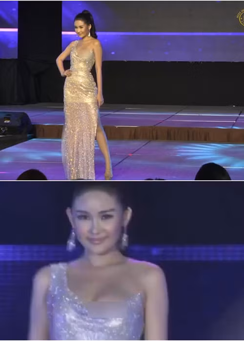 Đến đêm thi ngày 17/1, Ngân Anh tiếp tục xuống phong độ với phần catwalk chệch choạng, lối biểu cảm gương mặt có phần hơi quá. Không những vậy, người đẹp sinh năm 1995 còn gặp sự cố lộ miếng dán ngực khá phản cảm trong khi trình diễn. Ảnh: Zing