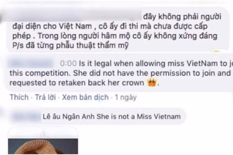 Khi cuộc thi Hoa hậu Liên lục địa 2018 diễn ra được vài ngày, Ngân Anh đã bị nhiều cư dân mạng “kể xấu” trên fanpage chính thức của cuộc thi. Đa phần bình luận tố Ngân Anh thi chui. Ảnh: Vietnamnet