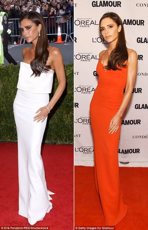 Ngoài đặc trưng mốt quần ống loe trùm giày, bà mẹ bốn con còn nổi tiếng với kiểu tạo dáng chụp ảnh nghiêng người, một tay chống hông, còn một tay kia giấu kín sau lưng.