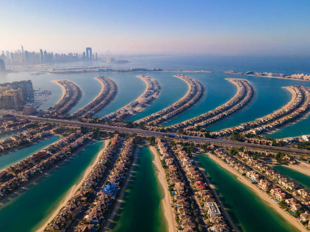 Palm Jumeirah có chiều dài 5 km nổi bật với hình dáng một thân cây, 16 nhánh lá cọ và phần bao quanh bên ngoài hình trăng khuyết dài gần 17 km tạo thành đê chắn sóng.