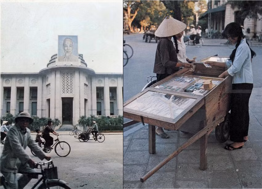 Ngân hàng Quốc gia Việt Nam ở Hà Nội (ảnh trái). Một quầy mậu dịch trên vỉa hè gần khách sạn Thống Nhất ở Hà Nội (ảnh phải).