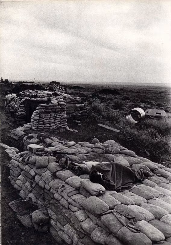 Người lính Mỹ gác đêm cùng chú chó ngủ vùi ngay trên công sự trong một buổi sớm ở căn cứ Cồn Tiên, Quảng Trị 1968.