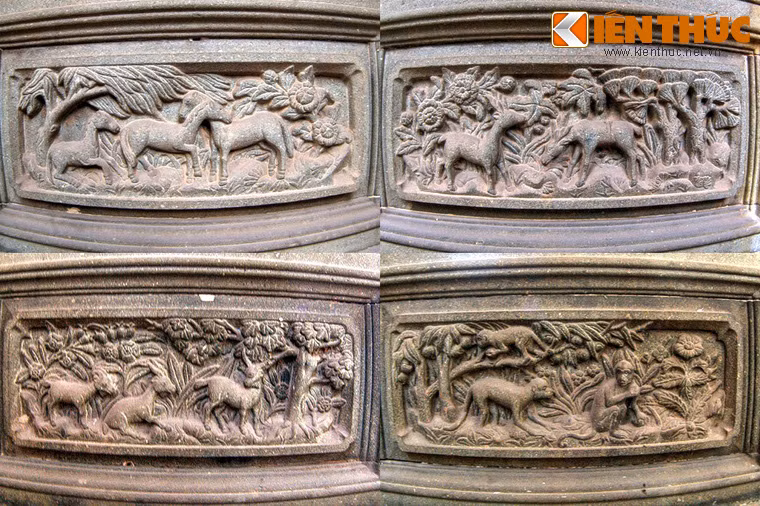 Trên thành mộ là các tấm đá được chạm khắc rất sống động với hình ảnh của những con vật gần gũi với người Việt như: dê, khỉ, thỏ, ngựa, hươu…Các trụ cột vuông ở bốn góc cũng được đẽo, gọt, chạm khắc rất tỉ mỉ.