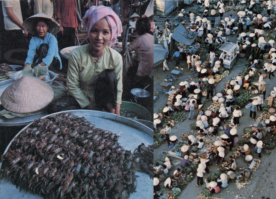 Nụ cười của chị bán cua ở chợ Bến Thành (ảnh trái). Cảnh họp chợ ở Cần Thơ (ảnh phải).