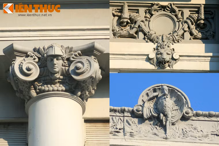 Nhiều họa tiết khác đắp nổi là sự kết hợp giữa các biểu tượng thần thoại Hi Lạp và hình tượng cây cỏ và thú vật vùng nhiệt đới.