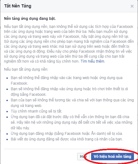 Chọn Vô hiệu hóa nền tảng.