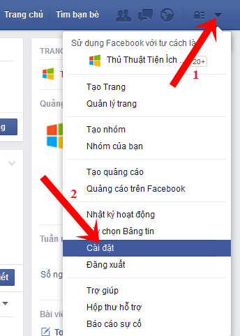 Click vào ký hiệu tam giác và mở Cài đặt.