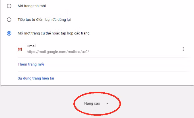 Đi xuống cuối trang chọn Nâng cao.