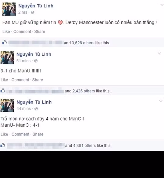 Trận derby Manchester hôm qua khiến Nguyễn Tú Linh và các fan trung thành của MU quả thật có rất nhiều cảm xúc. Do Quỷ đỏ đã thua Man City cả 4 trận đối đầu gần nhất nên trong trận derby đêm qua, mỗi khi cầu thủ MU ghi bàn, Tú Linh đã không giấu nổi sự sung sướng của mình. Cô bộc lộ cảm xúc, niềm vui qua những dòng status tường thuật trận đấu với hàng nghìn lượt thích.