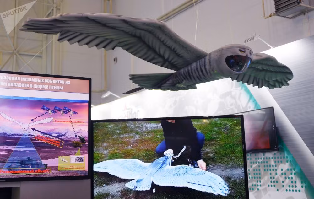 Trong ảnh là một tổ hợp máy bay trinh sát không người lái do Nga phát triển mang hình dáng của một con cú lần đầu tiên được giới thiệu tại "Army-2019". Nguồn ảnh: Sputnik.