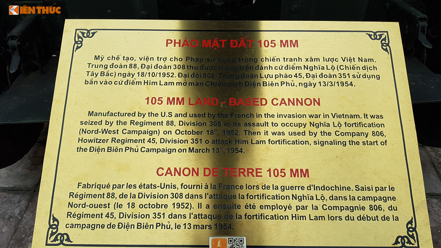 Theo đó khẩu pháo M2A1 này là chiến lợi phẩm do Trung đoàn 88, Đại đoàn 308 thu giữ được của địch khi đánh cứ điểm Nghĩa Lộ vào ngày 18/10/1952, một trong những trận đánh quan trọng của Quân đội ta trong Chiến dịch Tây Bắc.
