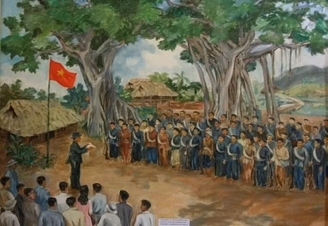Bức họa lễ xuất quân của 34 chiến sỹ Giải phóng quân tại cây đa Tân Trào 8/1945