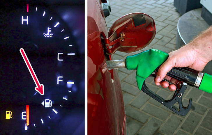 6. Trên cụm đồng hồ đo nhiên liệu có một ký hiệu nhỏ hình tam giác/mũi tên nằm cạnh biểu tượng cây xăng cho biết vị trí của nắp bình xăng trên thân xe của bạn. Theo đó, tam giác/mũi tên chỉ về bên nào thì nắp bình xăng nằm ở bên hông đó của xe, theo hướng ngồi của người lái.