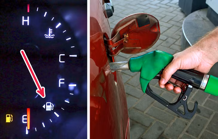 6. Trên cụm đồng hồ đo nhiên liệu có một ký hiệu nhỏ hình tam giác/mũi tên nằm cạnh biểu tượng cây xăng cho biết vị trí của nắp bình xăng trên thân xe của bạn. Theo đó, tam giác/mũi tên chỉ về bên nào thì nắp bình xăng nằm ở bên hông đó của xe, theo hướng ngồi của người lái.