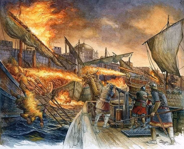 Quân đội Byzantine khiến kẻ thù sợ hãi khi ngọn lửa Hy Lạp có sức hủy diệt cao. Vũ khí nguy hiểm này được nhắc đến trong nhiều sử liệu là không thể bị dập tắt bằng nước hoặc cát.