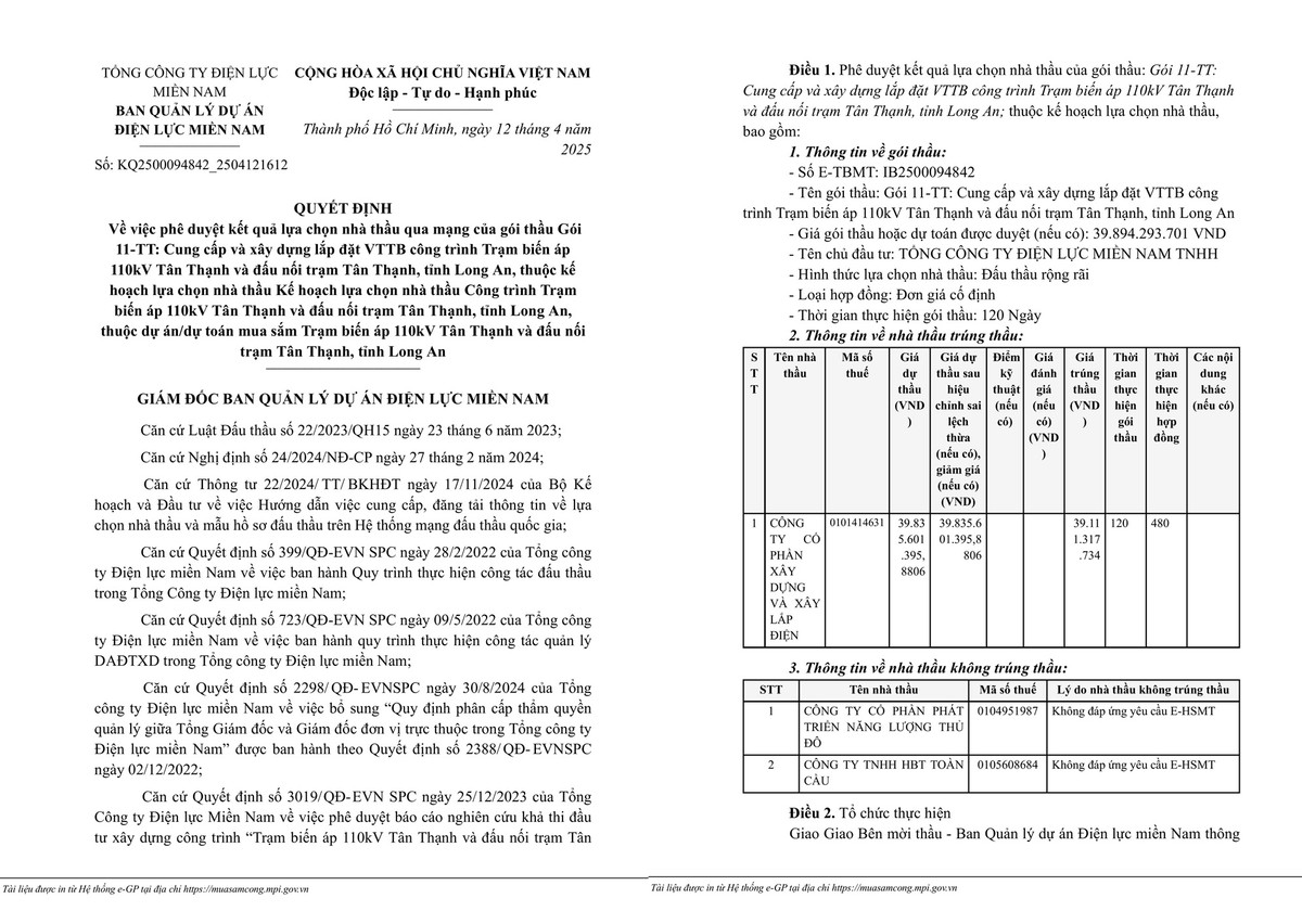Dien luc mien Nam: Soi nang luc nha thau trung 2 goi cung cap lap dat vat tu