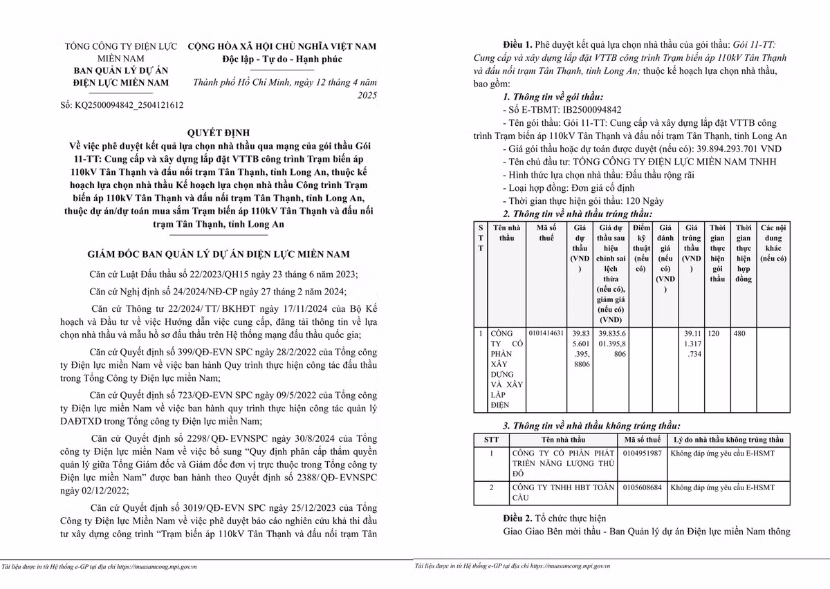 Dien luc mien Nam: Soi nang luc nha thau trung 2 goi cung cap lap dat vat tu