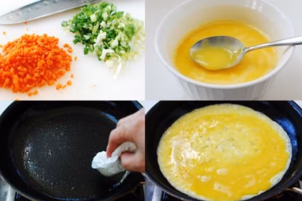 Bạn tiến hành rán một lớp trứng như bình thường.