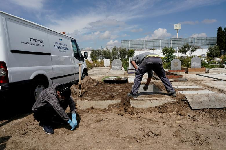 Thi thể một nạn nhân COVID-19 vừa được an táng tại nghĩa trang ở Grinon, Tây Ban Nha, hôm 8/4. Tây Ban Nha là vùng dịch lớn thứ hai trên thế giới, với hơn 250.000 ca nhiễm virus, tính đến ngày 6/5. Tuy nhiên, nước này đã bắt đầu nới lỏng các biện pháp phong tỏa khi tình hình dịch bệnh có chiều hướng "hạ nhiệt".