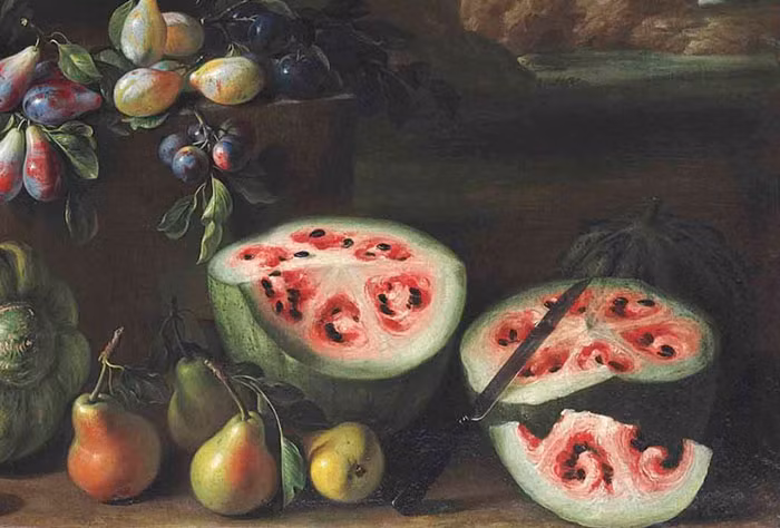 Bức tranh được vẽ vào khoảng thế kỷ 17 của Giovanni Stanchi cho thấy, những quả dưa hấu dại có rất nhiều khoảng trắng, hạt cũng lớn. Trông không ngon và nhiều nước như bây giờ. Những loài rau củ được con người thuần hóa và thay đổi thế nào?