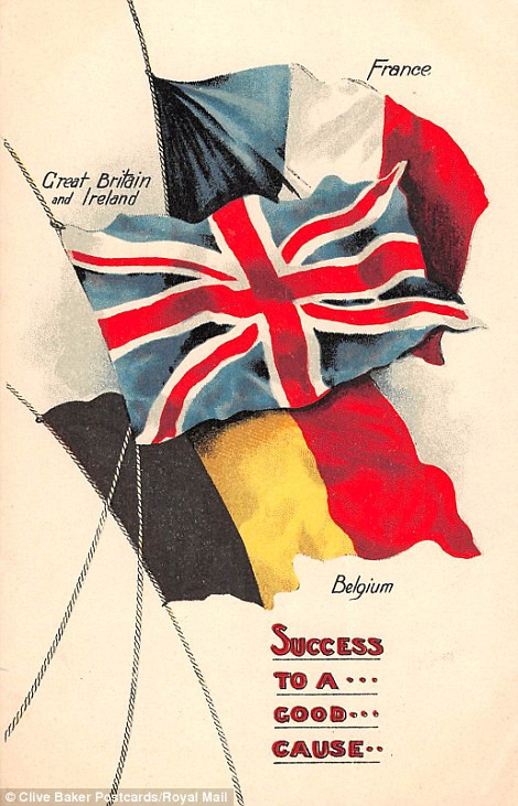 Hình ảnh quốc kỳ của Vương quốc Anh trên tấm bưu thiếp. Trong Chiến tranh thế giới 1, nhiều tấm bưu thiếp của Anh được sản xuất để thể hiện thông điệp yêu nước và cổ vũ tinh thần cho binh sĩ và người dân trong cuộc chiến cam go này.