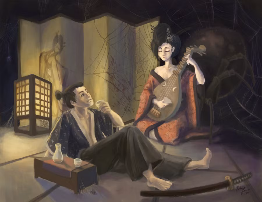 Jorogumo thường biến thành người phụ nữ xinh đẹp để quyến rũ các nạn nhân trong các quán trọ, đền thờ ở nơi vắng vẻ.