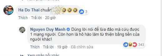 Dưới phần bình luận của cư dân mạng, Duy Mạnh không ngại chia sẻ quan điểm cá nhân về cách làm từ thiện - Ảnh: FBNV
