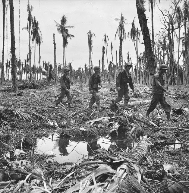 Binh sĩ thuộc quân đội Mỹ di chuyển qua một khu rừng với cây cối gần như bị san phẳng do chiến sự ác liệt với quân đội Nhật Bản. Ảnh chup tại Buna trong Thế chiến 2.