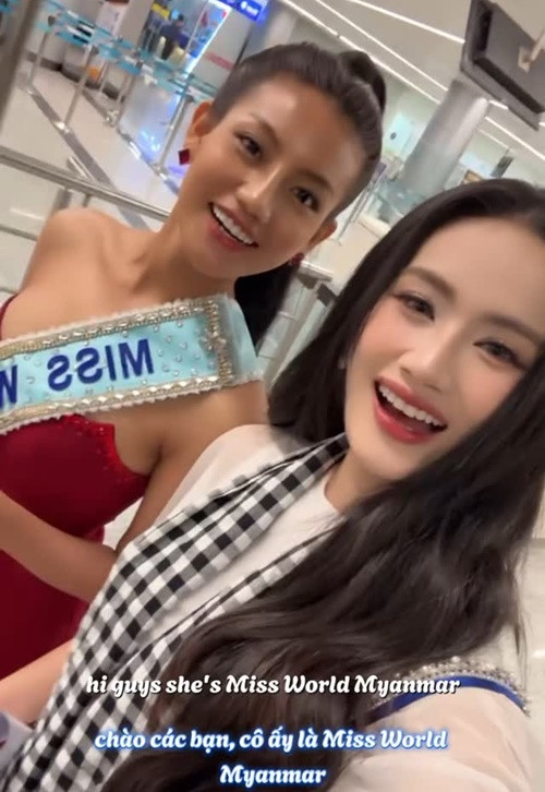 Đại diện Việt Nam giới thiệu đại diện Myanmar khi vừa nhập cuộc. Cả hai chạm mặt ở sân bay. Ảnh: Instagram Ý Nhi.