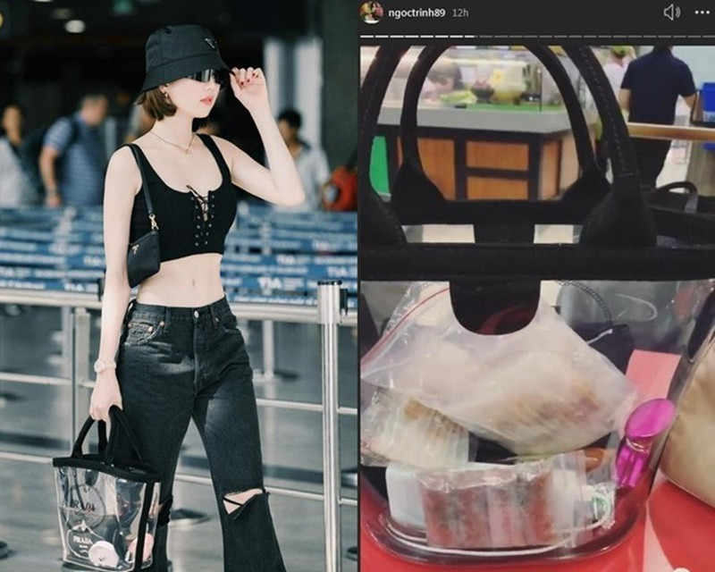Ngọc Trinh đựng bánh tráng, nem chua, tôm khô, trà hoa quả và muối ớt trong chiếc túi Prada trong suốt có giá 22 triệu đồng khi bay sang Dubai. Ảnh: Hoa Học Trò.