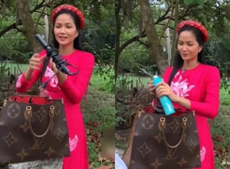 Nàng hậu từng để máy sấy, mỹ phẩm trong chiếc túi hàng hiệu 70 triệu đồng. Một số ý kiến cho rằng H'hen Niê không quá nâng niu đồ giá trị cao. Ảnh: Thương Hiệu Pháp Luật.
