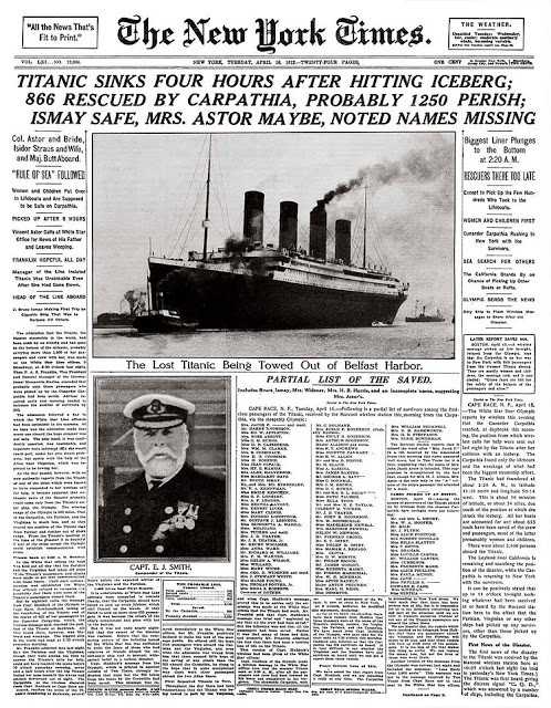 Tin tức tàu Titanic chìm ở Đại Tây Dương ngày 15/4/1912 trở thành tin nổi bật trên trang bìa The New York Times số ra ngày 16/4/1912.