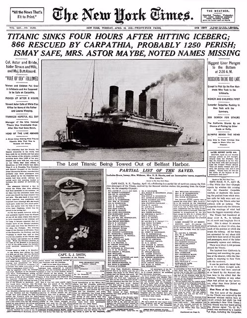 Tin tức tàu Titanic chìm ở Đại Tây Dương ngày 15/4/1912 trở thành tin nổi bật trên trang bìa The New York Times số ra ngày 16/4/1912.
