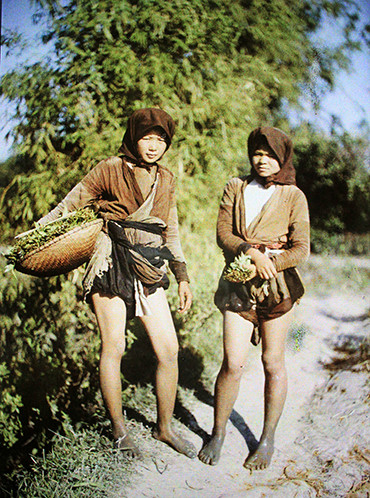 Hai cô gái đi hái rau về, quần vén cao lộ đôi chân săn chắc, khỏe mạnh.