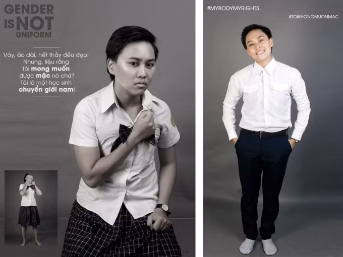 Hoàng Giang (1994) cựu sinh viên trường cao đẳng Sonadezi (Đồng Nai). Giang mong muốn sau bộ ảnh này phụ huynh và nhà trường sẽ thấu hiểu cho những người con là chuyển giới nam mà phải đến trường bằng trang phục không dành cho mình.