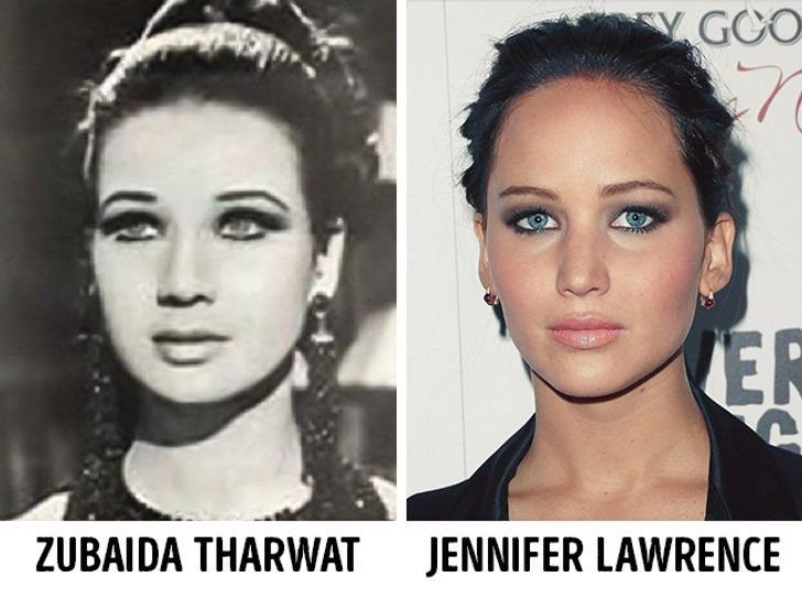Nữ diễn viên Jennifer Lawrence có dung mạo khá giống nữ minh tinh Ai Cập Zubaida Tharwat. Khi nhìn ảnh của 2 diễn viên này, nhiều người tin rằng trên thế giới thực sự tồn tại kẻ song trùng.