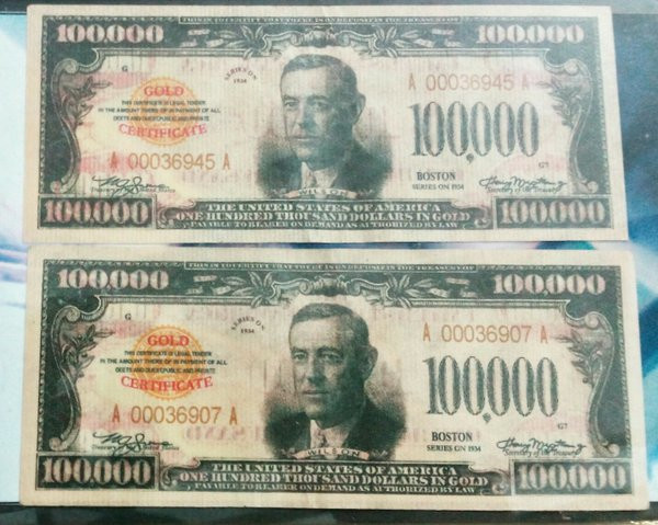 Nếu người dân sở hữu tờ 100.000 USD sẽ bị coi là phạm pháp. Đến năm 1940, Mỹ đình chỉ việc lưu hành các tờ chứng nhận sở hữu vàng. Ngày nay, công chúng có thể chiêm ngưỡng tờ tiền có mệnh giá "khủng" trên trong bảo tàng.