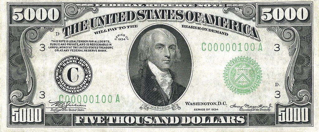 Tờ 5.000 USD của Mỹ được in vào năm 1934. Trên tờ tiền này có chân dung của Tổng thống James Madison - người lãnh đạo nước Mỹ từ năm 1809 - 1817.