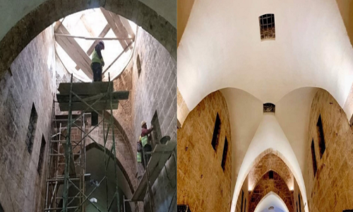 Ảnh chụp bên trong một khu chợ cổ ở Aleppo trước và sau cải tạo. Ảnh: SANA.