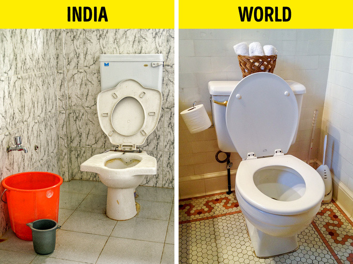 Nhà vệ sinh ở Ấn Độ thường không có giấy vệ sinh bên trong vì người dân ở đây hay sử dụng nước hơn.