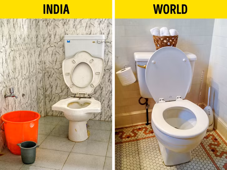 Nhà vệ sinh ở Ấn Độ thường không có giấy vệ sinh bên trong vì người dân ở đây hay sử dụng nước hơn.