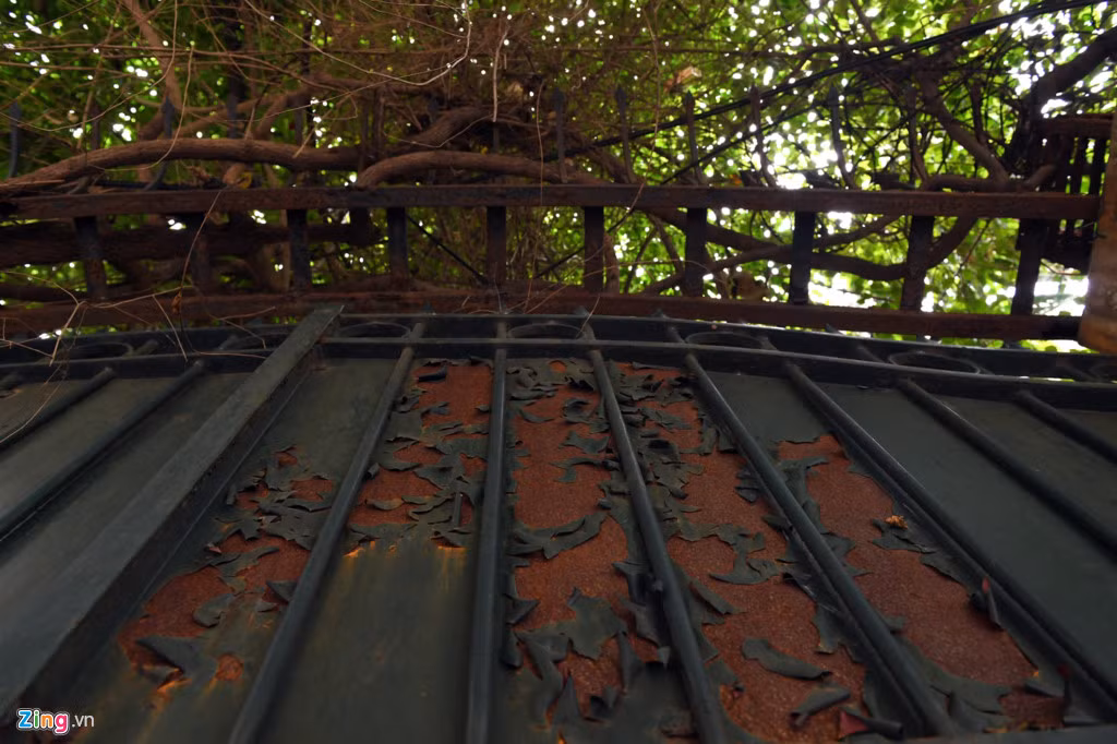 Lớp sơn cánh cổng sắt bong tróc lộ ra lớp thép hoen gỉ.