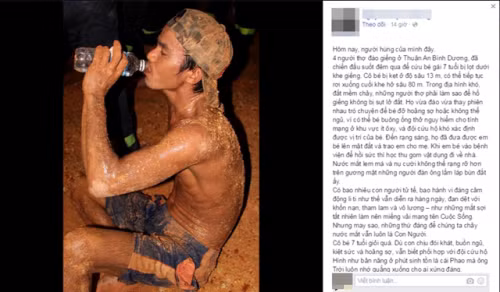 Câu chuyện 4 người thợ đào giếng ở Thuận An, Bình Dương, đã chiến đấu suốt đêm để cứu bé gái 7 tuổi bị lọt dưới khe giếng được chia sẻ hồi tháng 3/2016 đã gây "bão" dư luận. Nhiều người không khỏi cảm phục, yêu mến 4 người đã dốc hết sức để cứu cô bé kẹt ở độ sâu 13m, có thể tiếp tục rơi xuống cuối khe hở sâu 80m đang phải đói rét, sợ hãi. Ảnh: FB.