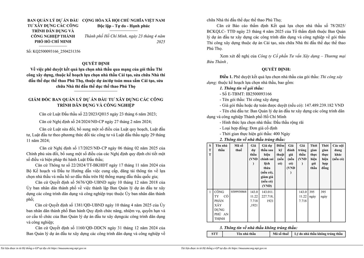 TP HCM: Gói sửa chữa nhà thi đấu Phú Thọ về tay Phú An Thịnh TP HCM: Goi sua chua nha thi dau Phu Tho ve tay Phu An Thinh