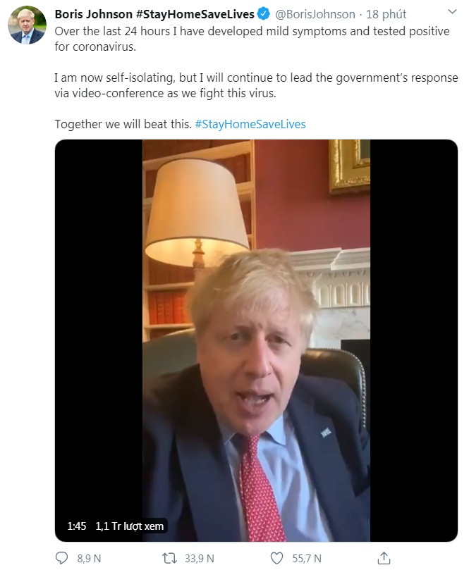 Nong: Thu tuong Anh Boris Johnson tu xac nhan duong tinh Covid-19