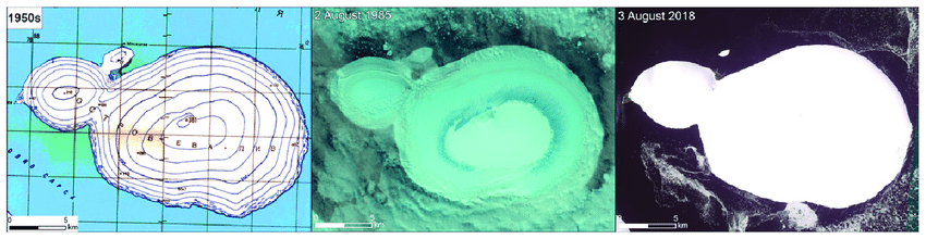 Các nhà nghiên cứu hiện chưa rõ vì sao đảo Mesyatsev tồn tại lâu hơn dự kiến. Tuy nhiên, các chuyên gia trước đó đưa ra một giả thuyết rằng lớp bụi phía trên đảo có thể đã bị sóng hoặc nước mưa cuốn đi. Điều này có thể giải thích lý do vì sao tốc độ tan chảy của đảo Mesyatsev giảm. Ảnh: Researchgate.